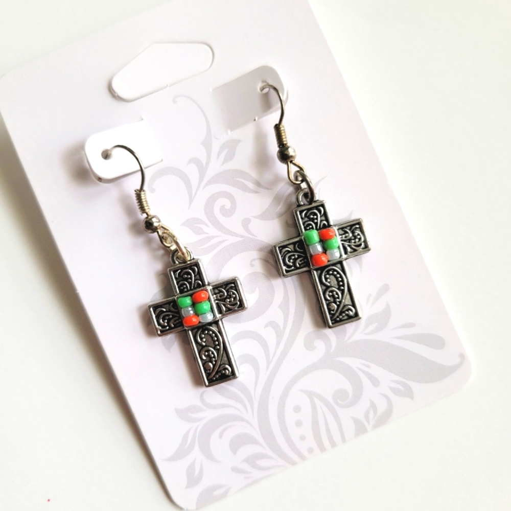 Silver beaded cross earrings